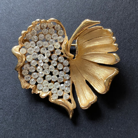 BSK Rhinestone Leaf Brooch Pin Vintage