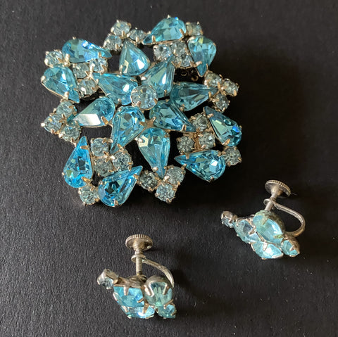 Aqua Blue Rhinestones Brooch Pin Earrings Set Vintage