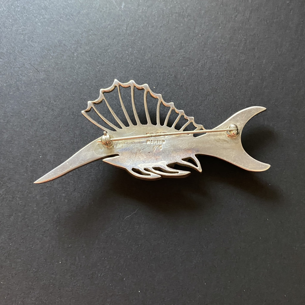 925 Sterling Silver 2024 2-Tone Vintage Mexico Hollow Fish Design Large Pin Brooch