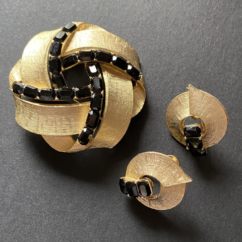 BSK Brooch Pin and Earrings Set Black Stones