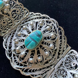 Silver Filigree and Faience Scarab Vintage Bracelet Egyptian Revival