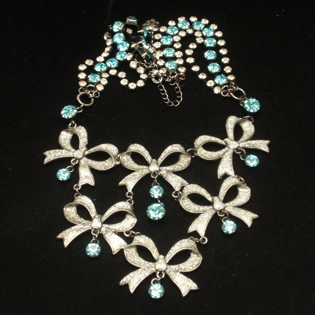 Betsey Johnson Necklace Bows and Blue Rhinestones – World of