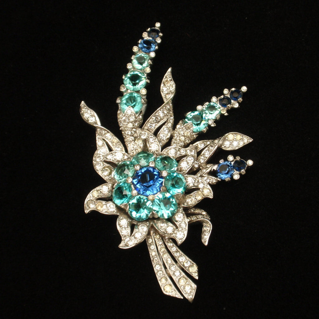 Flower Bouquet Brooch Pin Rhodium Rhinestones Boucher Phrygian Cap Vintage