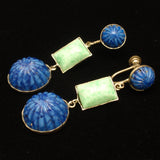Art Deco Czech Glass Earrings Vintage Blue & Green