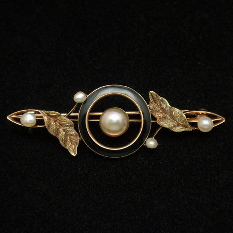 Antique 10k Gold Pin with Pearls and Enamel