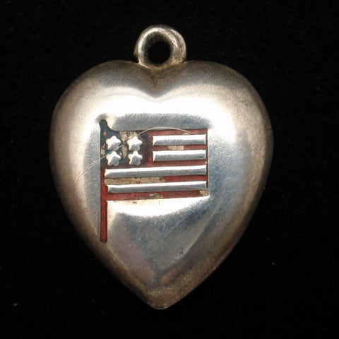 Puffy Heart Charm Vintage Sterling Silver Enamel American Flag