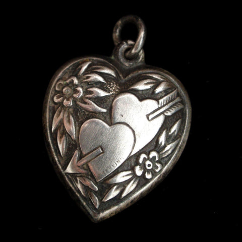 Puffy Heart Charm Vintage Sterling Silver Double w/ Arrow & Flowers