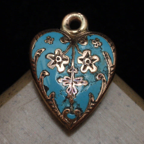 Puffy Heart Charm Vintage Gold Filled Enamel Victorian