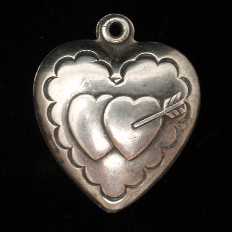 Puffy Heart Charm Vintage Sterling Silver Arrow through Pair Scalloped Edge