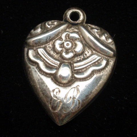 Puffy Heart Charm Sterling Silver Vintage Engraved LHB EB