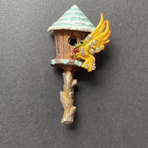 Bird and Birdhouse Enamel Brooch Pin