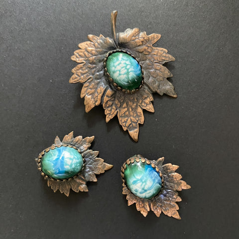 Copper Leaf Pin Earrings Set Art Glass Center