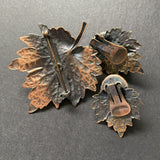 Copper Leaf Pin Earrings Set Art Glass Center