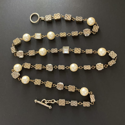 Long Cube Link and Faux Pearls Necklace