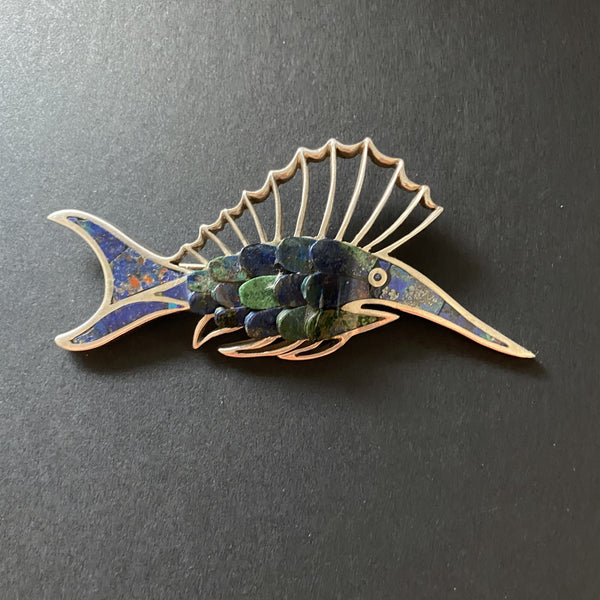 Enamel Sterling Fish top Brooch, Signed Castelan Guilloche Enamel Fish Brooch, Mexico Sterling Eagle Mark 15 Fish Pin