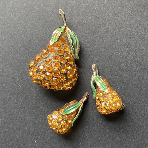 Forbidden Fruit Pin & Earrings Set Rhinestones and Lucite
