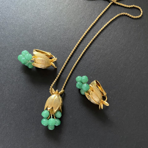 Jade Green Floral Necklace Earrings Set