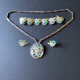 Margot de Taxco Parure Pin Pendant Necklace Bracelet Earrings Vintage Sterling Silver Enamel Mexico