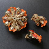 Orange Flower Brooch Pin Earrings Set