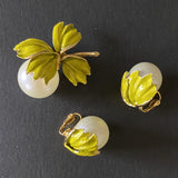 Pearl and Enamel Flowers Brooch Pin and Earrings Set