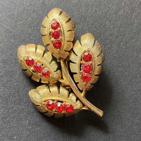 Branch of Leaves with Red Rhinestones Pin