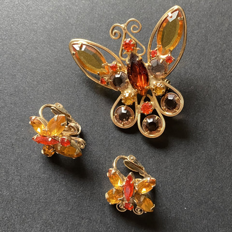 Rhinestone Butterfly Pin and Earrings Set