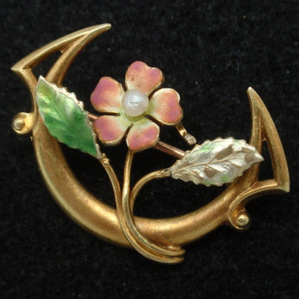 Crescent & Enamel Flower Beauty Pin Vintage 10k Gold – World of ...