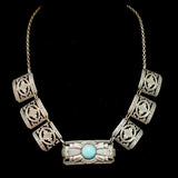 Sterling Silver Necklace Vintage Ornate Links Blue Cab