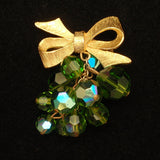 Bow with Dangling Cluster of Aurora Borealis Stones Brooch Pin AB Vintage