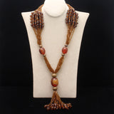 Bohemian Multi-Strand Necklace with Amber & Topaz Toned Beads & Tassel