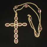 Amethyst Glass Open-Back Stones Cross Pendant Necklace Vintage Czech