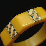 Bakelite Bangle Bracelet Vintage Butterscotch & Marquetry Inlaid Wood Octagonal