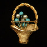 Basket of Flowers Brooch Pin Imitation Pearls Rhinestones Turquoise Beads Vintage