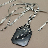 Black Celluloid and Rhinestone Pendant Silk Ribbon Vintage Necklace