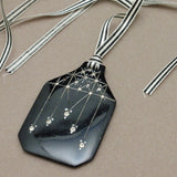 Black Celluloid and Rhinestone Pendant Silk Ribbon Vintage Necklace