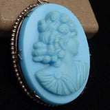 Cameo Pin Vintage Blue Glass Sterling Silver Bezel