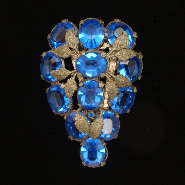 Vintage Dress Clip Blue Mottled Stone Cobalt Blue Rhinestones, Goldtone,  Dangles