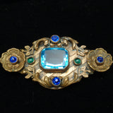 Ornate Antique Gold Tone Pin with Large Aquamarine Glass Stone
