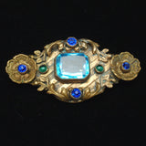 Ornate Antique Gold Tone Pin with Large Aquamarine Glass Stone