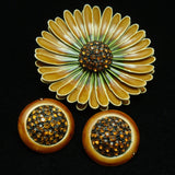 Daisy Set Enamel & Rhinestones Pin & Button Earrings Vintage