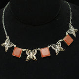 Art Deco Butterfly Necklace Silver Tone & Carnelian Glass