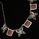Art Deco Butterfly Necklace Silver Tone & Carnelian Glass