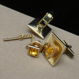 Cuff Links & Tie Tack Set Vintage with Yellow Stones