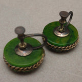 Carved Dark Green Round Earrings Vintage Screwbacks