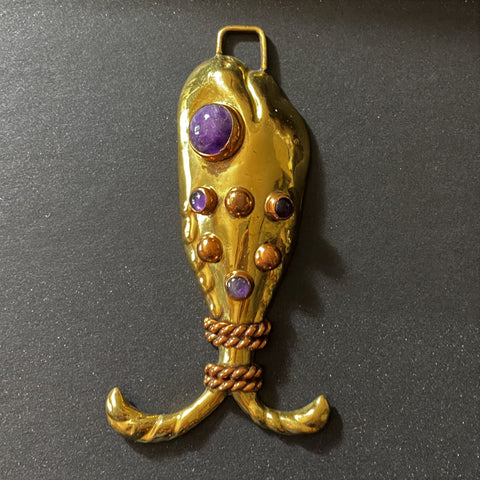 Fish Pendant Vintage Mexico Casa Maya Brass Copper Amethyst