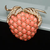 Strawberry Fruit Pin Vintage Brooch Coral Glass Cabs Ciner