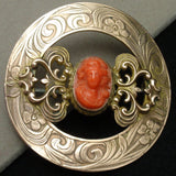 Cameo Sash Pin Vintage Round Ornate Carved Coral Brooch