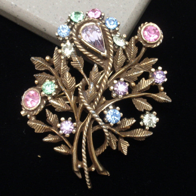 Multi-Colored Rhinestone Pin Vintage Coro Brooch Flower Floral Bouquet ...
