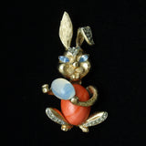 Bunny Rabbit Brooch Pin Rhinestones Moonstone Cab Vintage Coro