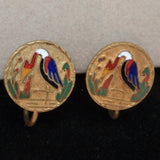 Bird Earrings Vintage Enamel Crane Heron